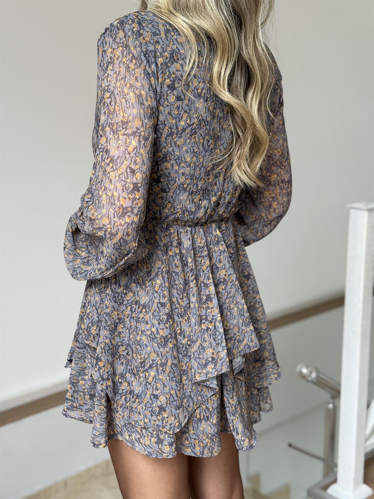 Çıtır Çiçek Desenli Volanlı Mini Elbise - Gri