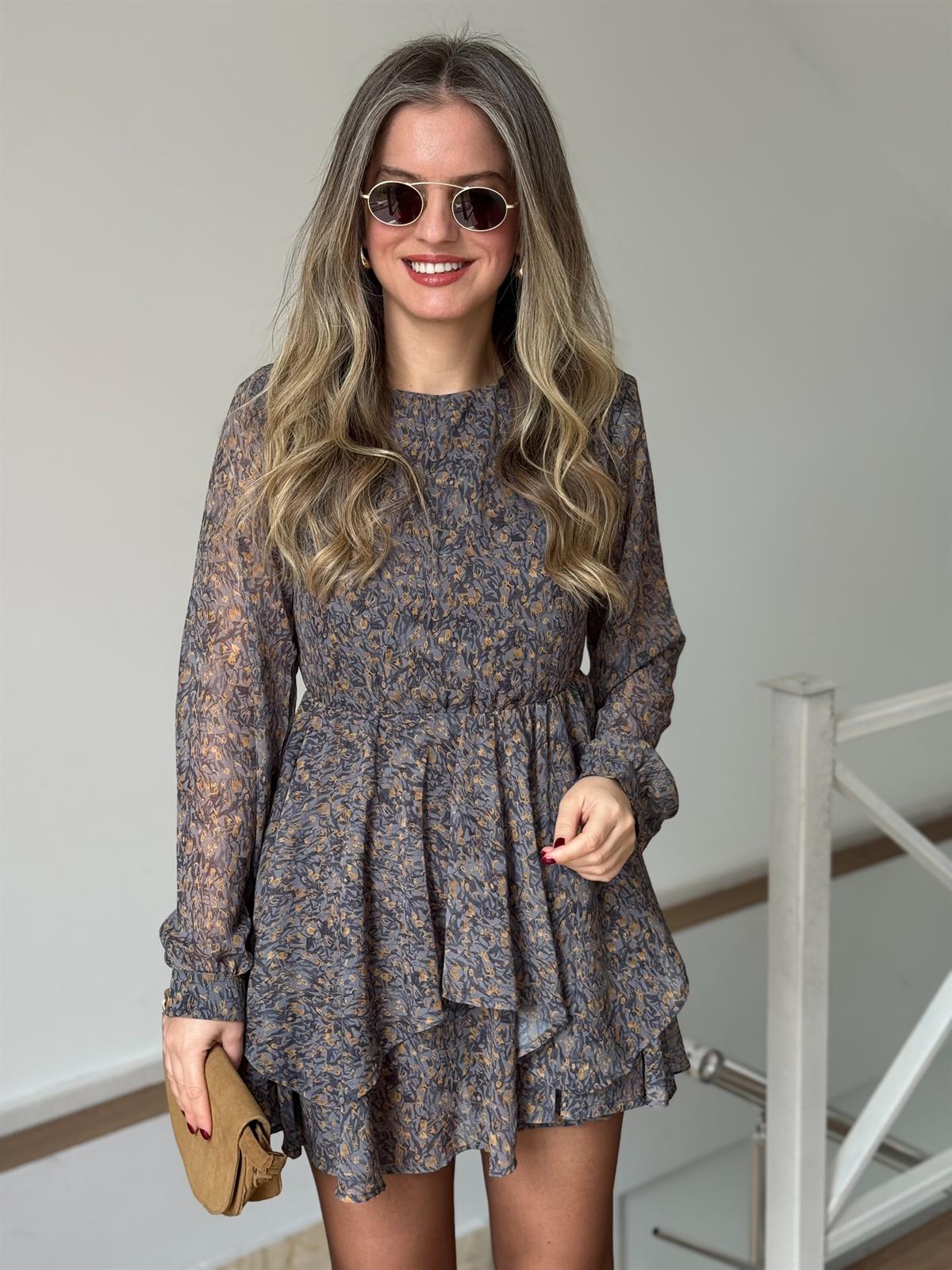 Çıtır Çiçek Desenli Volanlı Mini Elbise - Gri