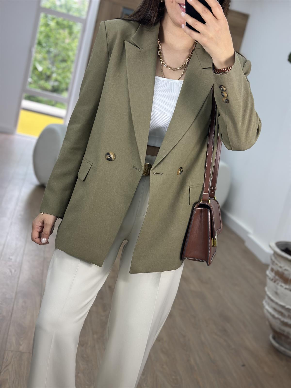 Çizgi Astarlı Keten Ceket-Haki