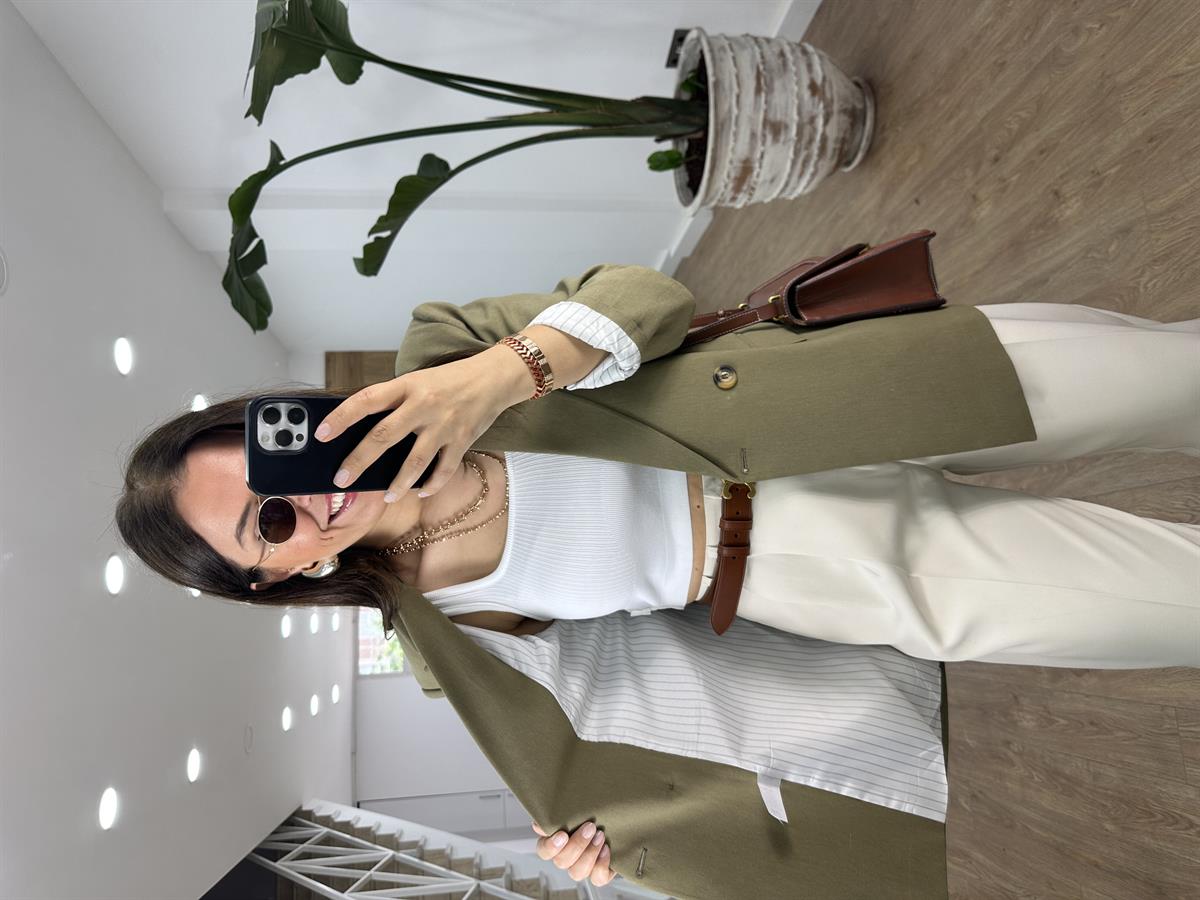 Çizgi Astarlı Keten Ceket-Haki