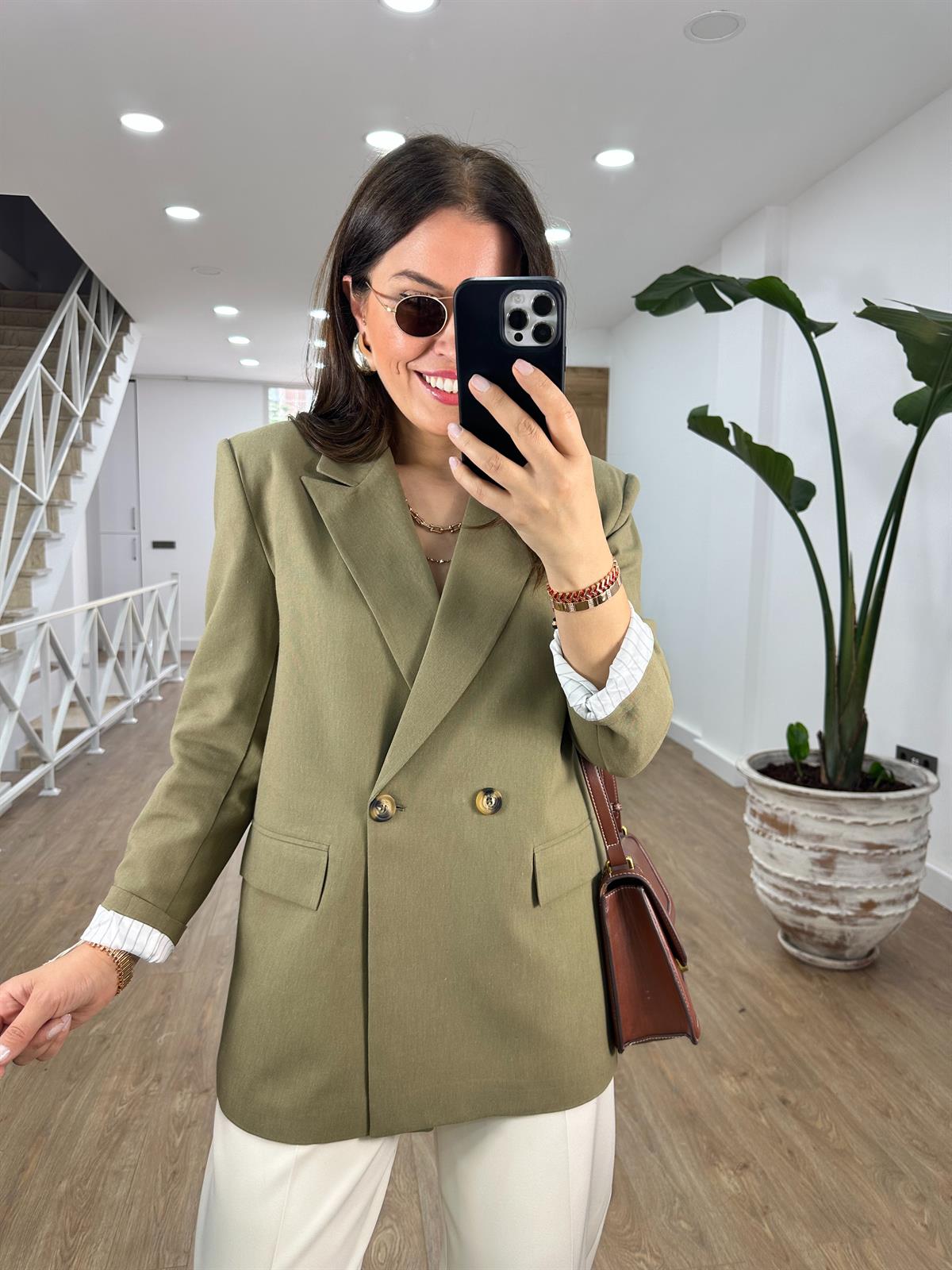 Çizgi Astarlı Keten Ceket-Haki