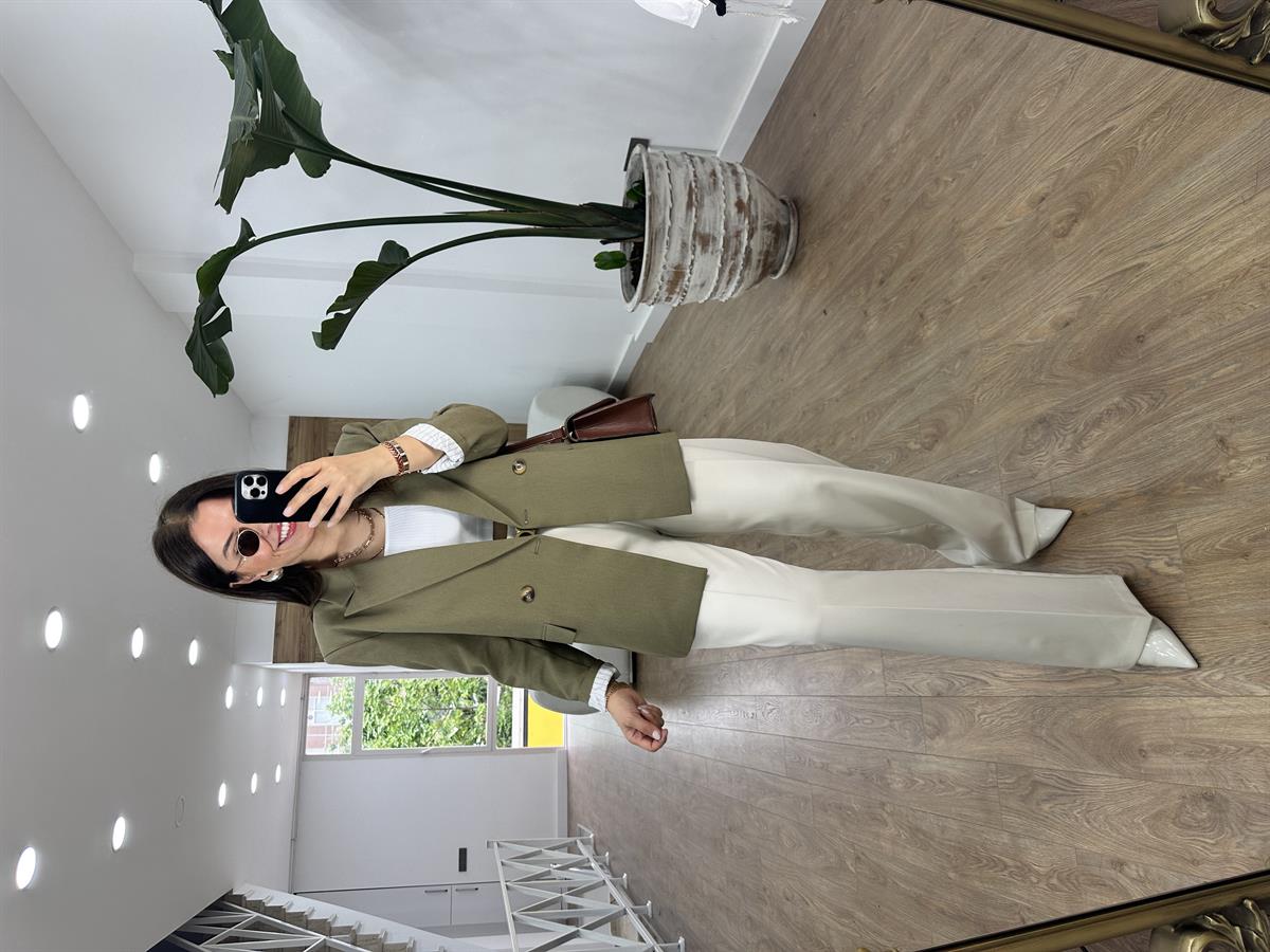 Çizgi Astarlı Keten Ceket-Haki