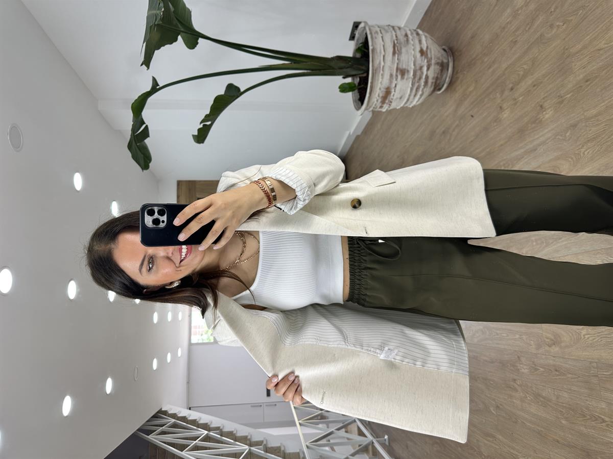 Çizgi Astarlı Keten Ceket-Taş