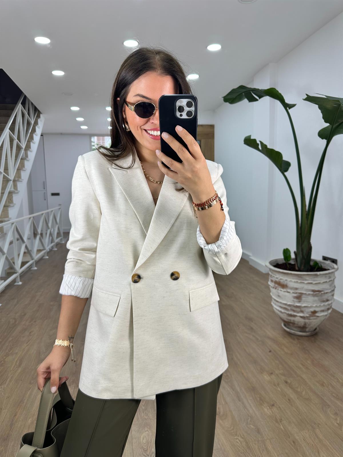 Çizgi Astarlı Keten Ceket-Taş