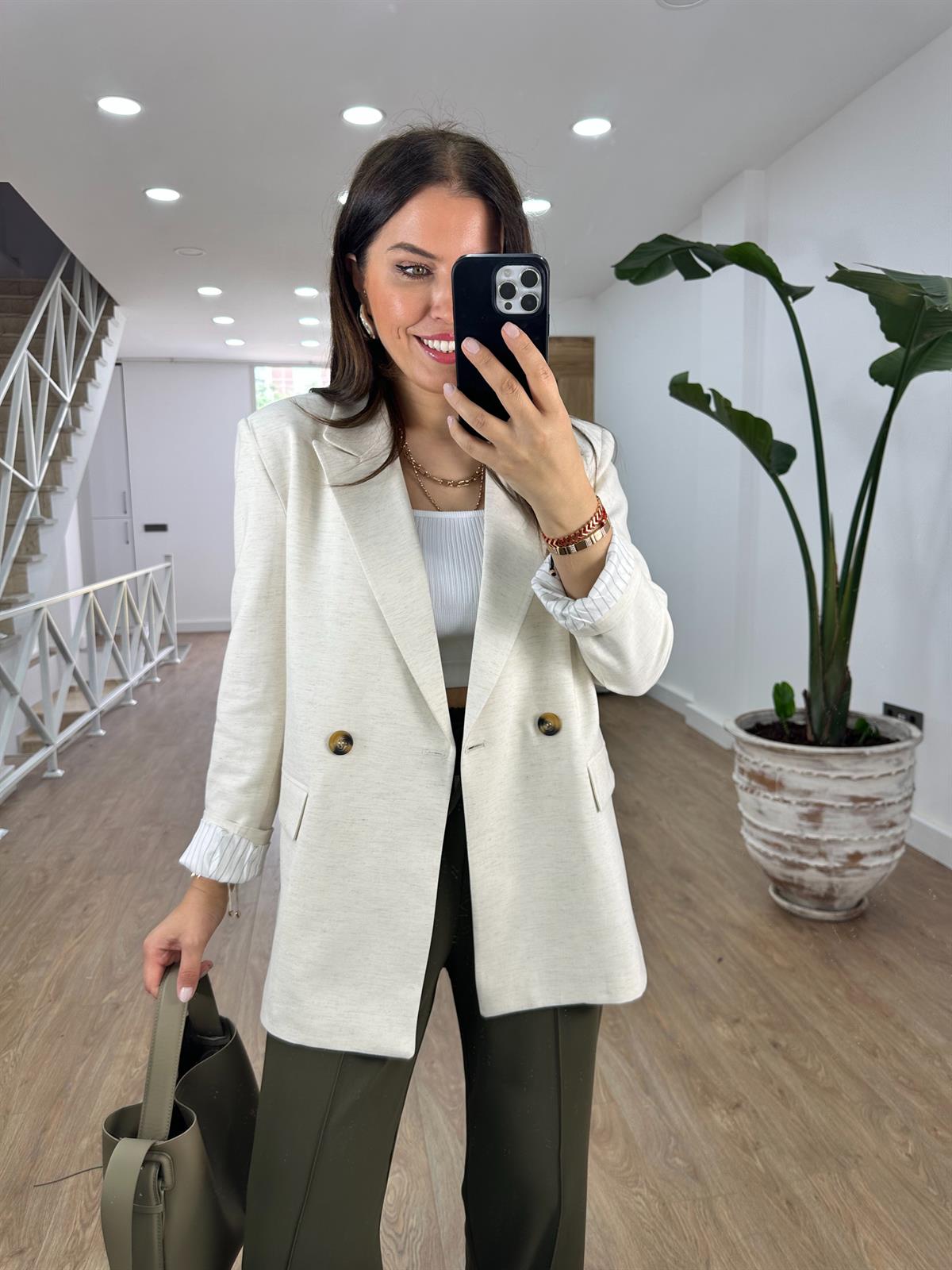 Çizgi Astarlı Keten Ceket-Taş