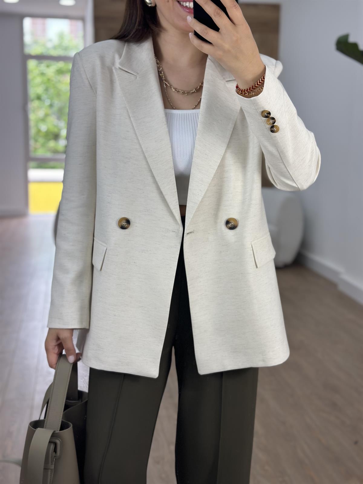 Çizgi Astarlı Keten Ceket-Taş