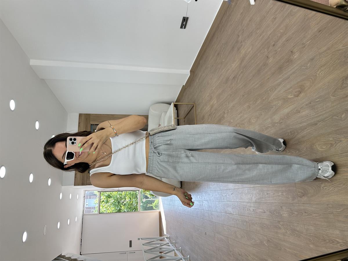 Çizgili Beli Lastikli Palazzo-Gri