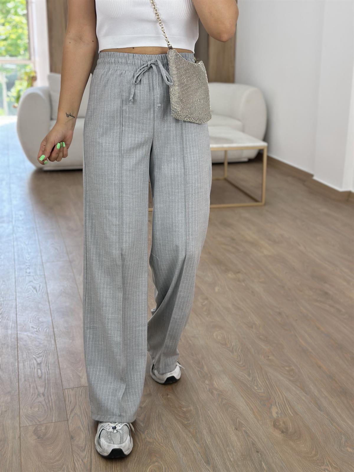 Çizgili Beli Lastikli Palazzo-Gri