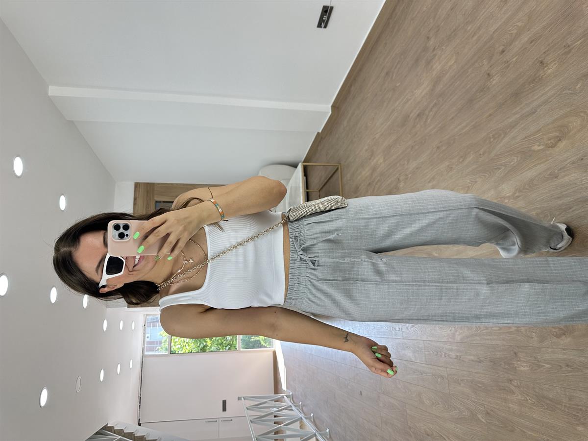 Çizgili Beli Lastikli Palazzo-Gri