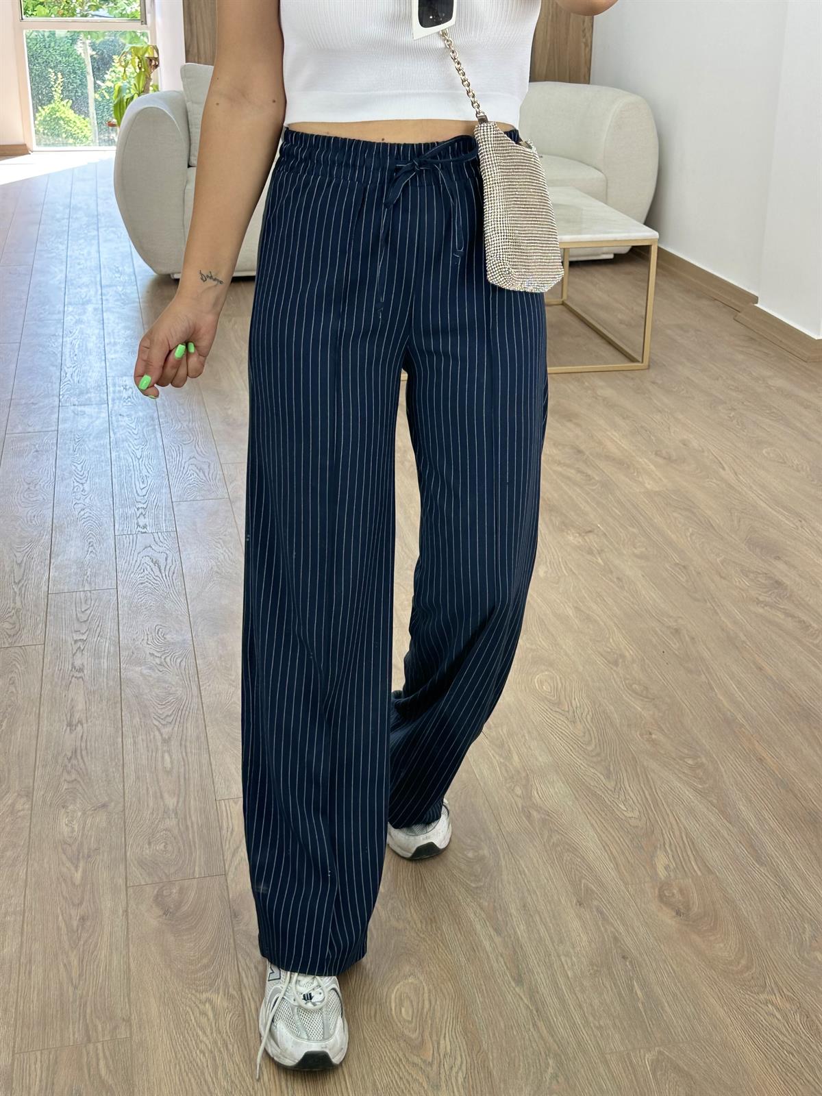 Çizgili Beli Lastikli Palazzo-Lacivert