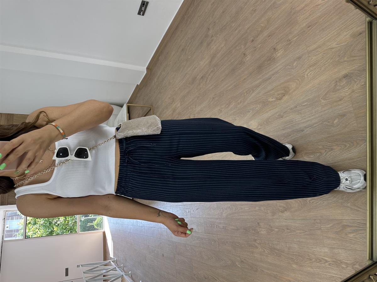 Çizgili Beli Lastikli Palazzo-Lacivert