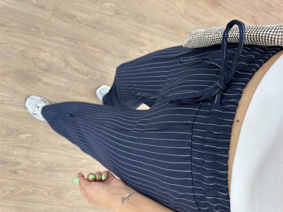 Çizgili Beli Lastikli Palazzo-Lacivert