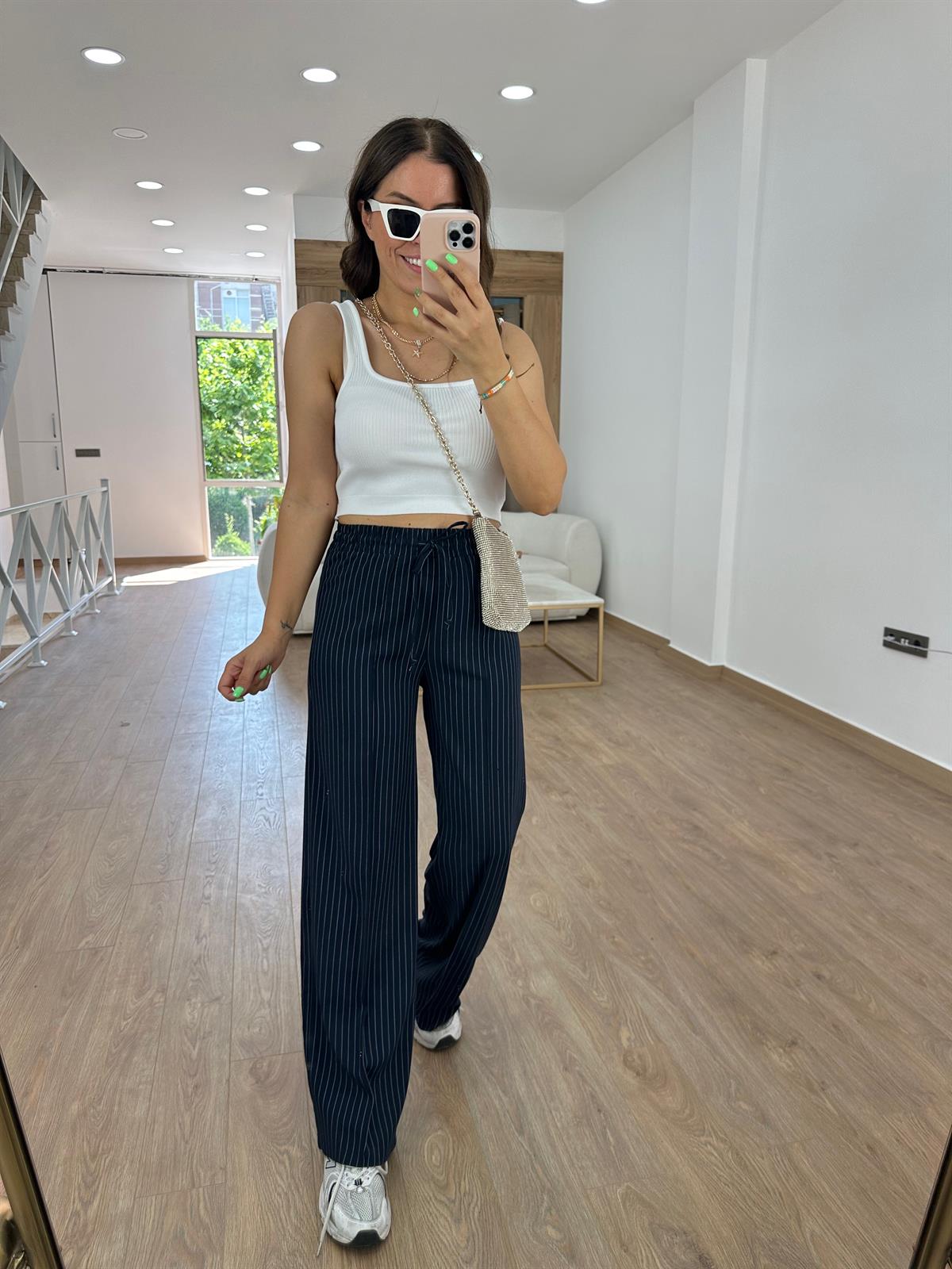 Çizgili Beli Lastikli Palazzo-Lacivert