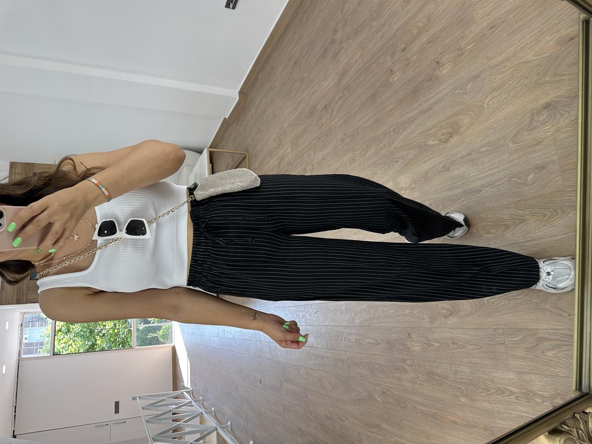 Çizgili Beli Lastikli Palazzo-Siyah