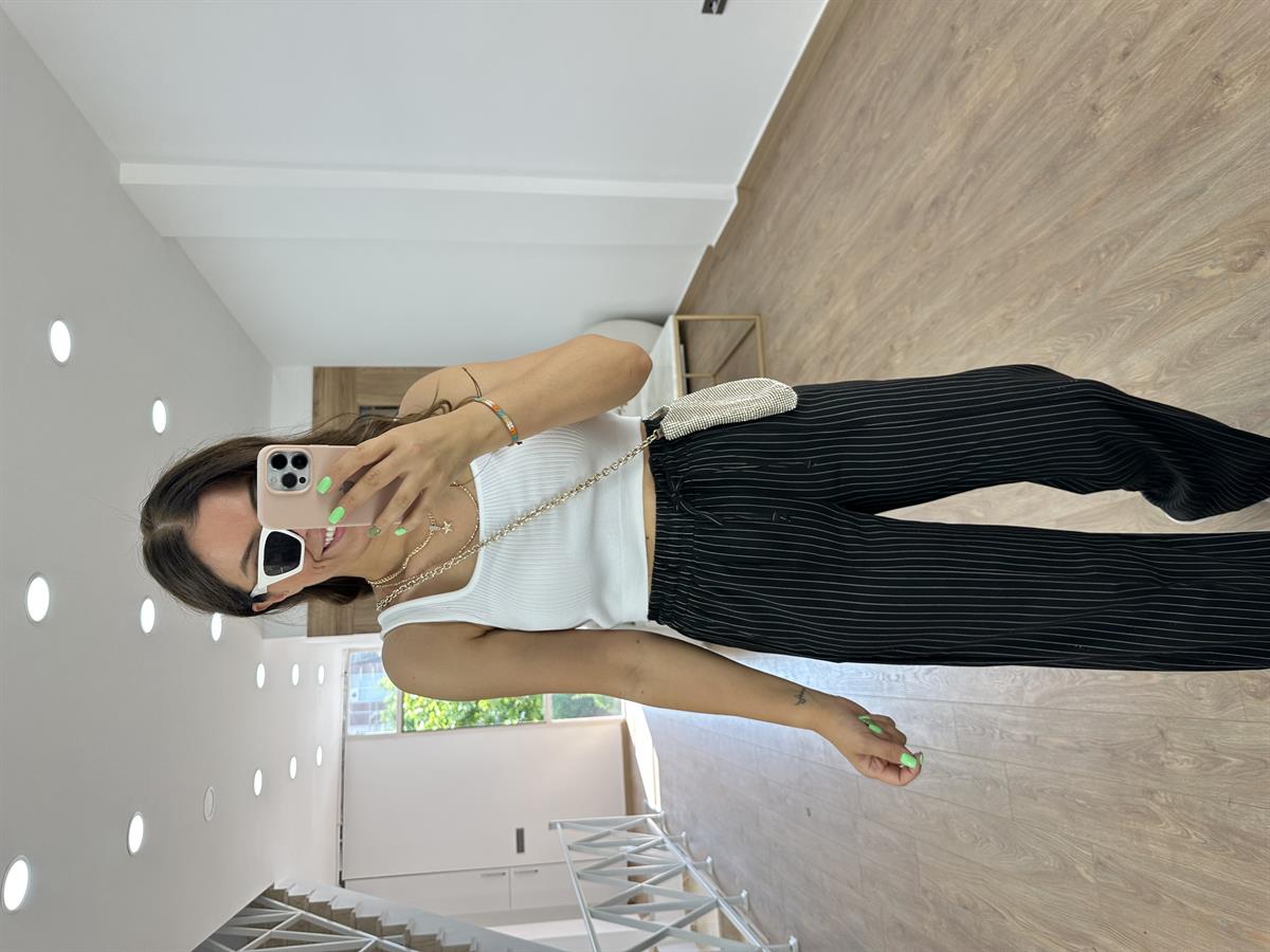 Çizgili Beli Lastikli Palazzo-Siyah