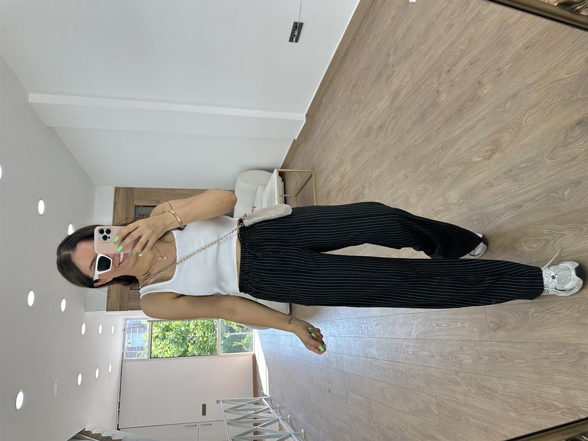 Çizgili Beli Lastikli Palazzo-Siyah