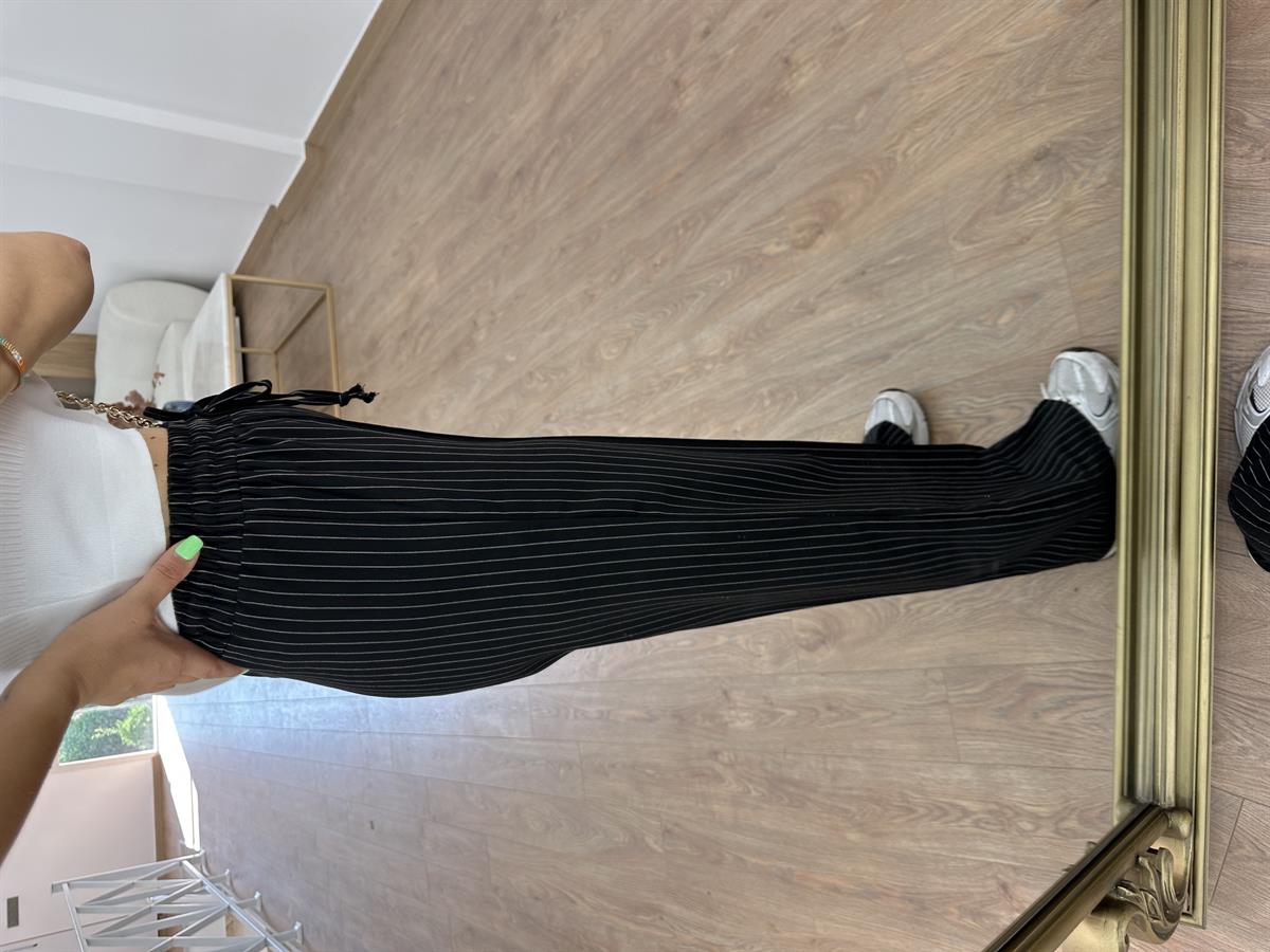 Çizgili Beli Lastikli Palazzo-Siyah