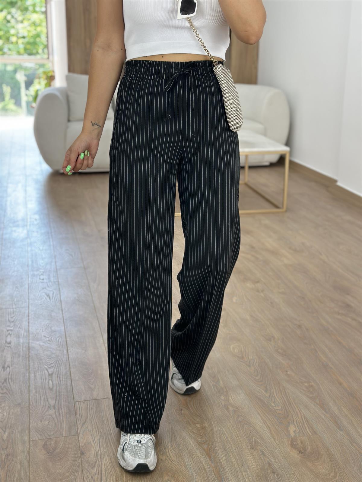 Çizgili Beli Lastikli Palazzo-Siyah