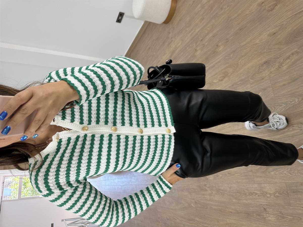 Çizgili Gold Düğmeli Hırka -Yeşil