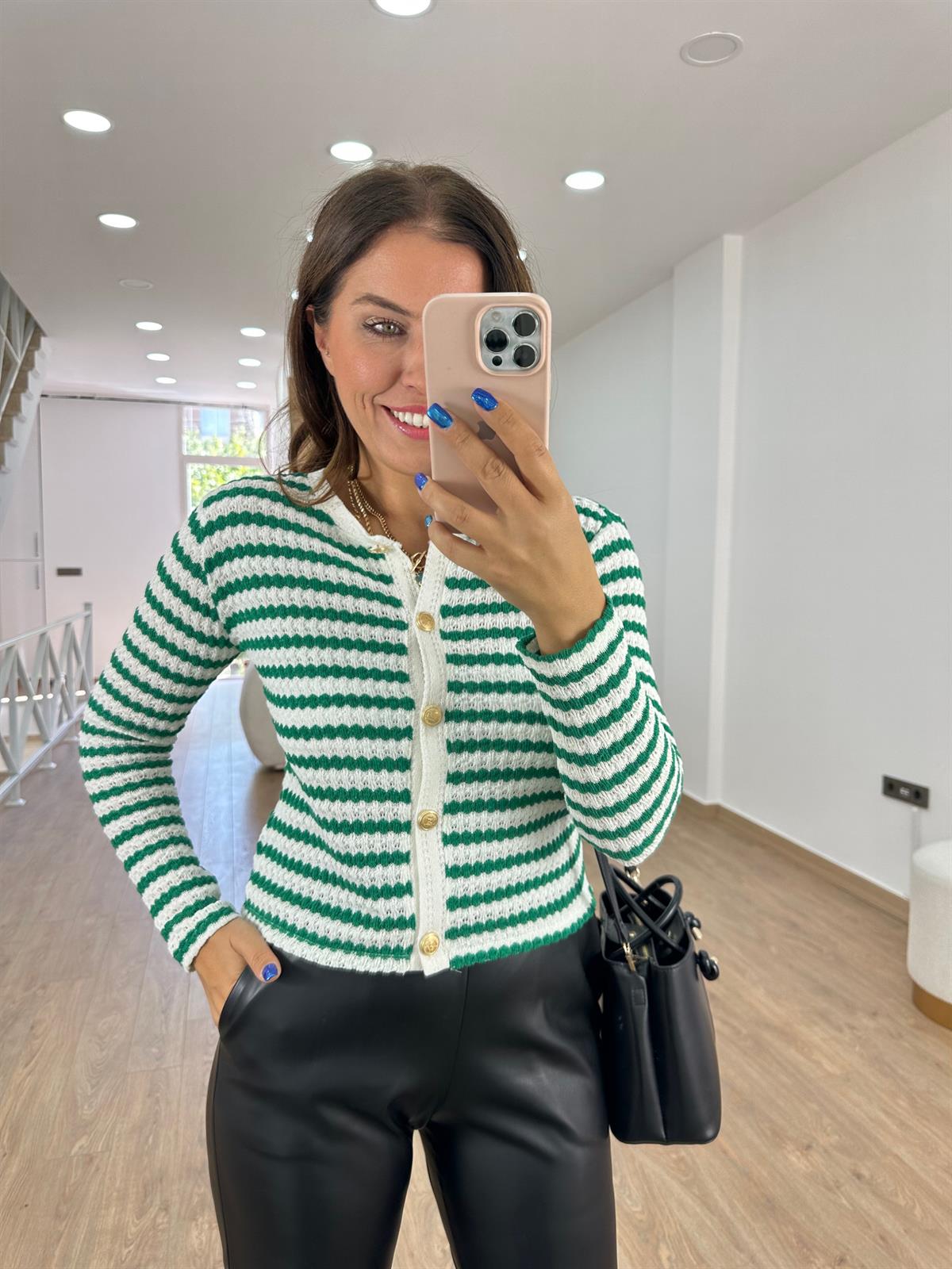 Çizgili Gold Düğmeli Hırka -Yeşil