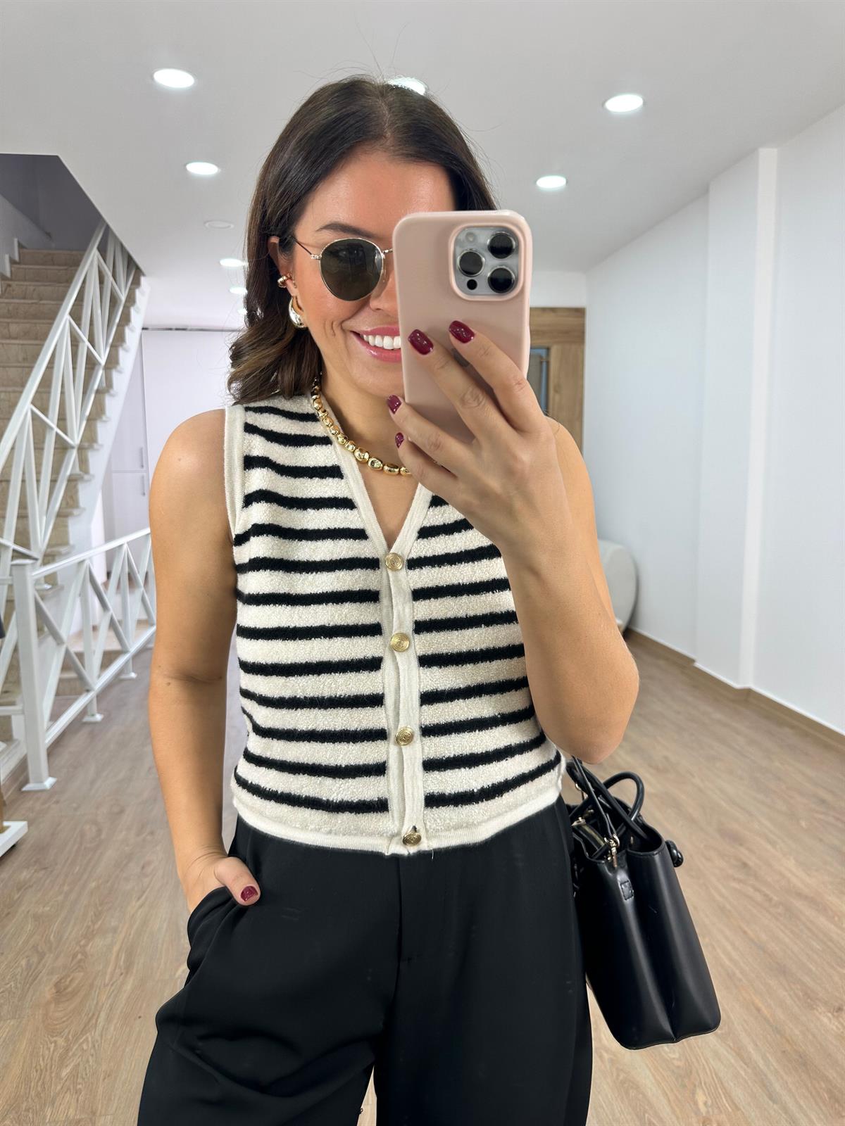 Çizgili Gold Düğmeli Tedy Yelek