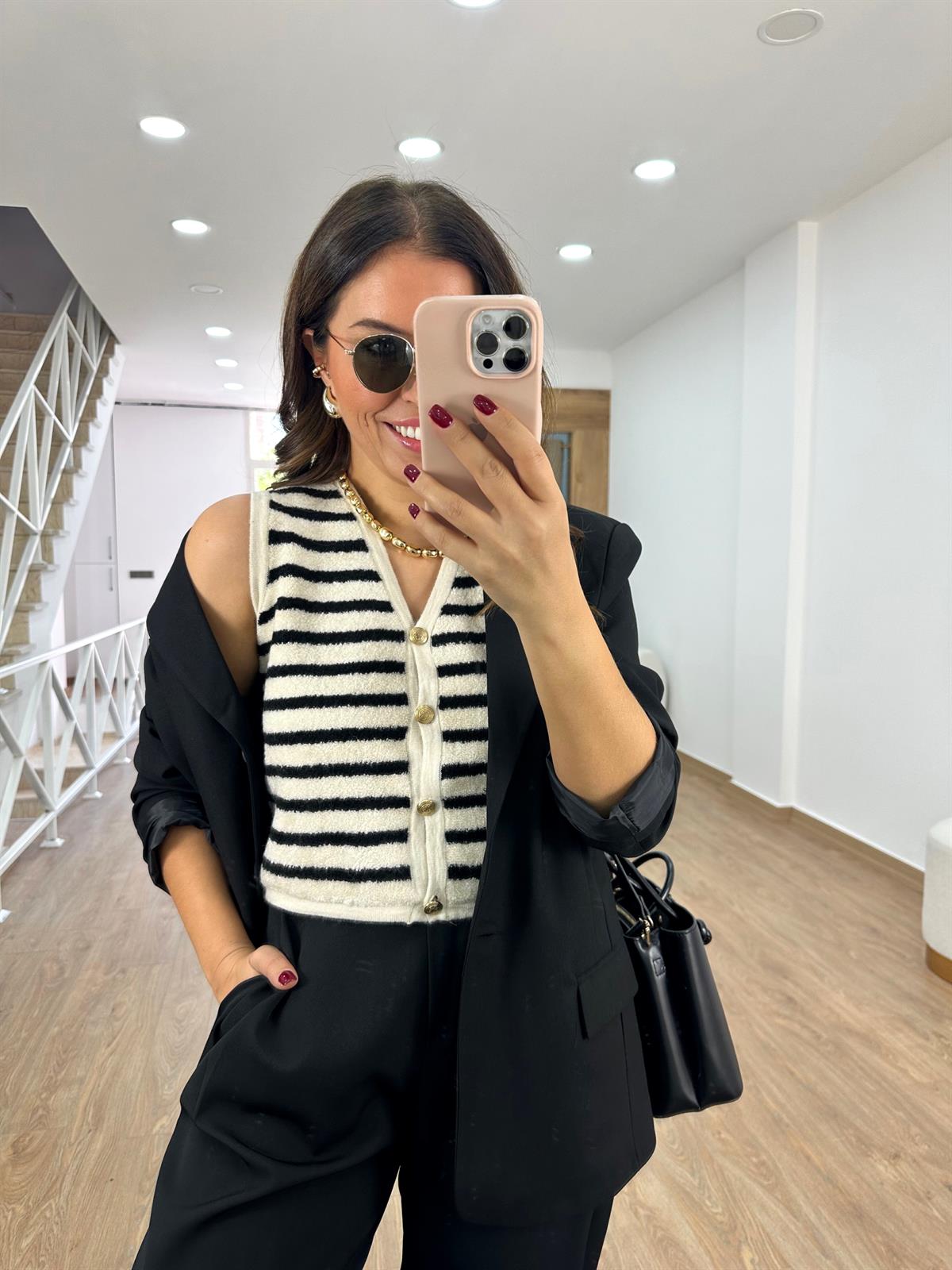 Çizgili Gold Düğmeli Tedy Yelek