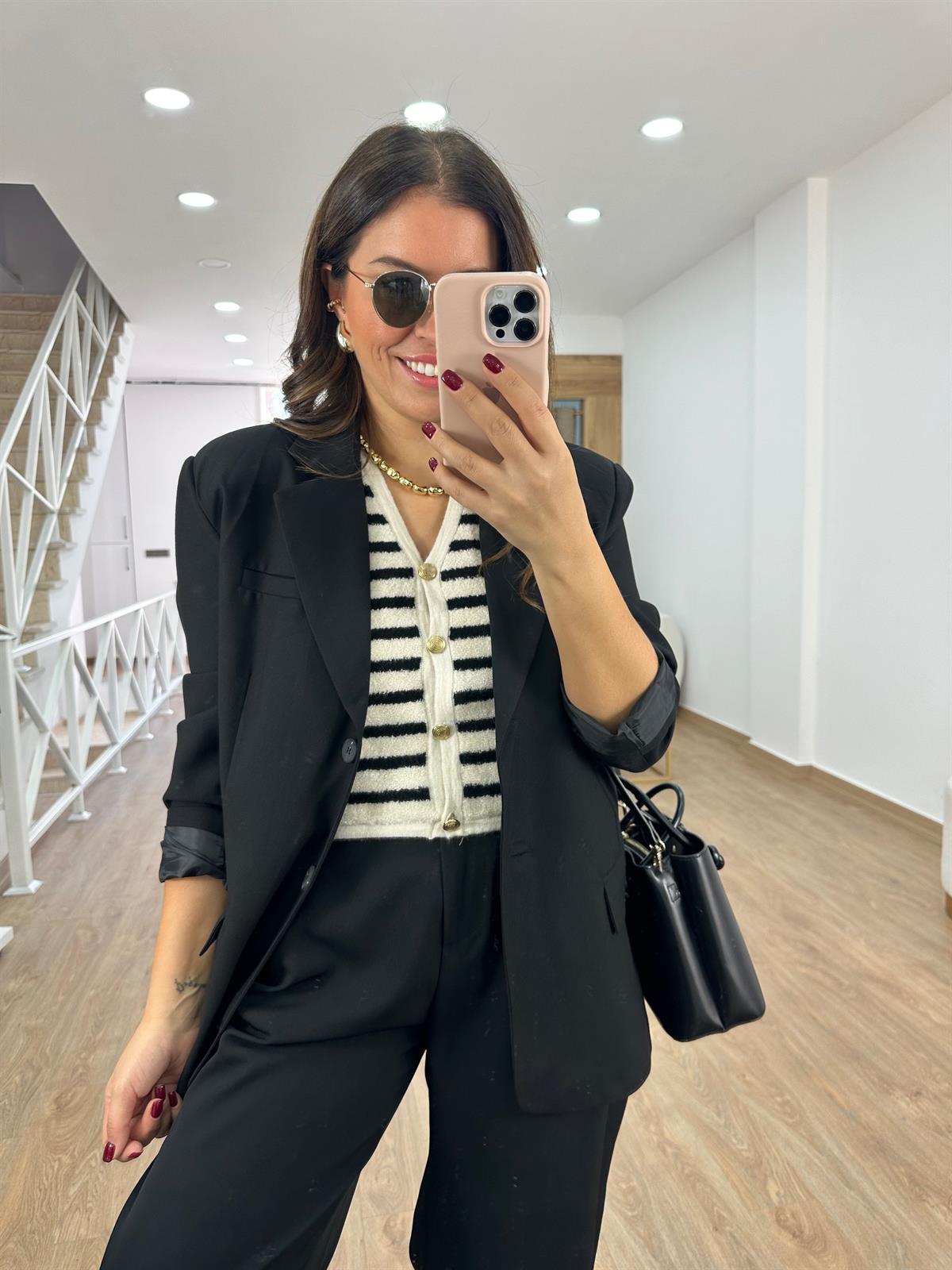 Çizgili Gold Düğmeli Tedy Yelek