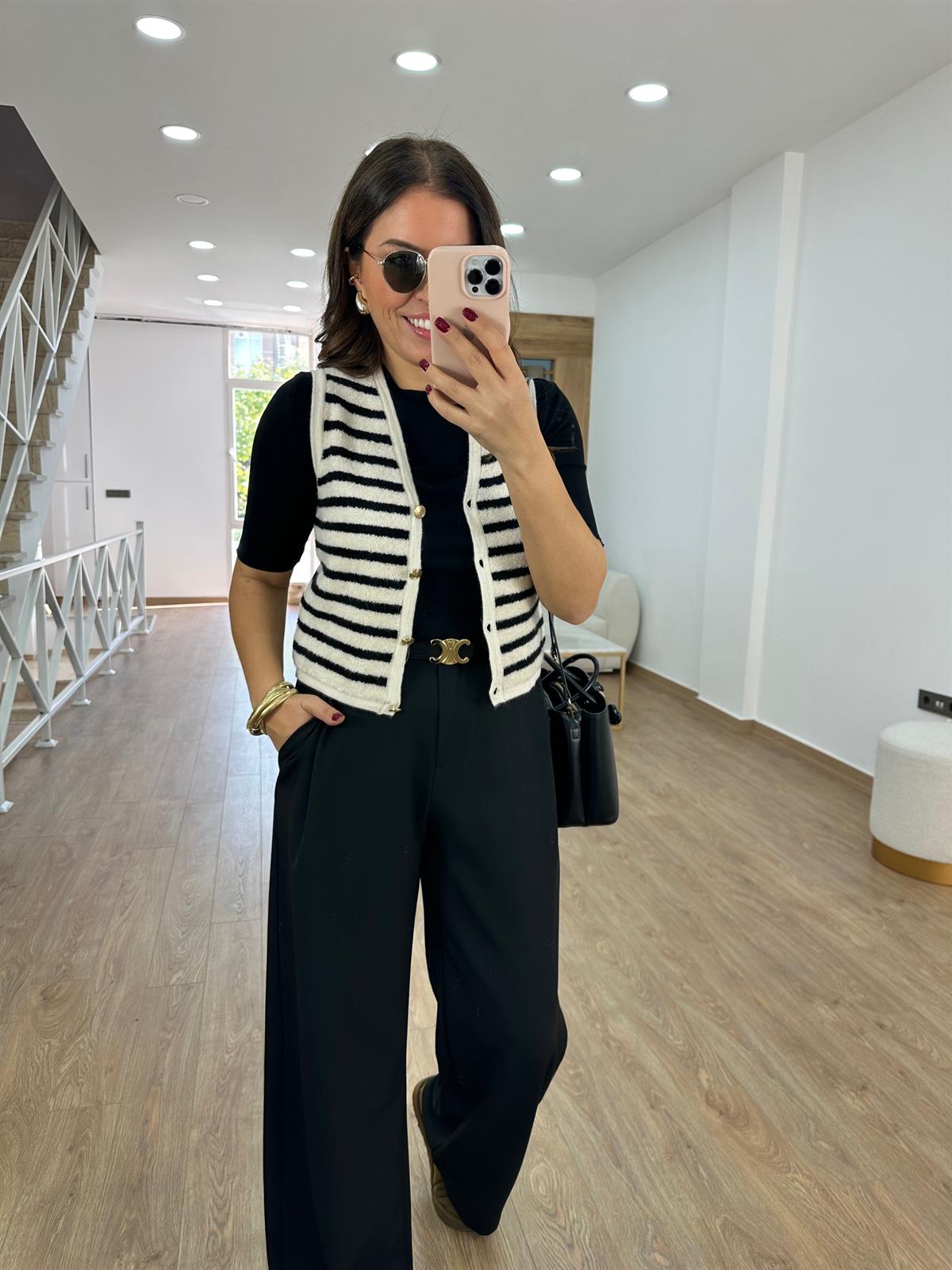 Çizgili Gold Düğmeli Tedy Yelek