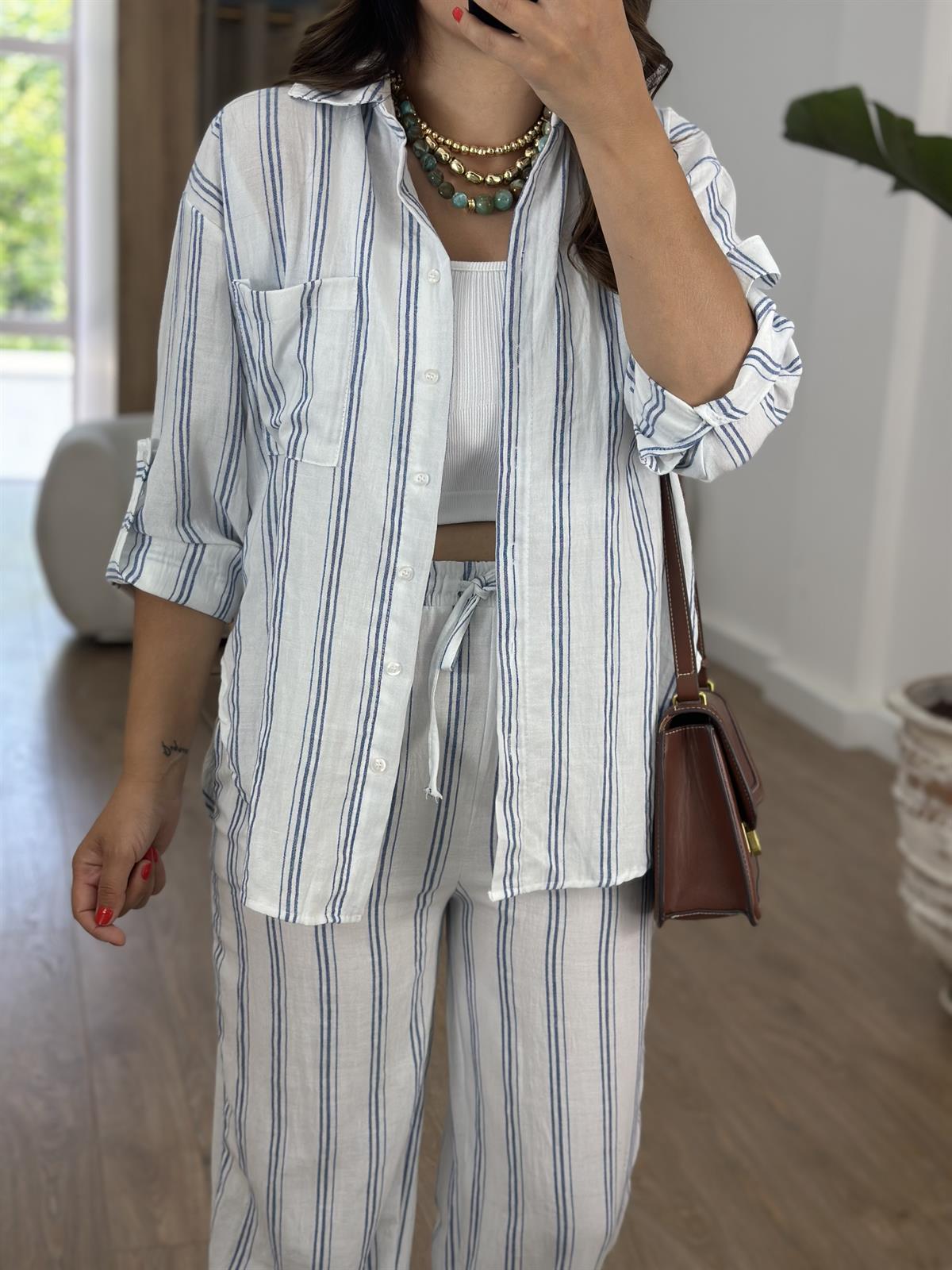 Çizgili Gömlek Pantolon Takım-Mavi