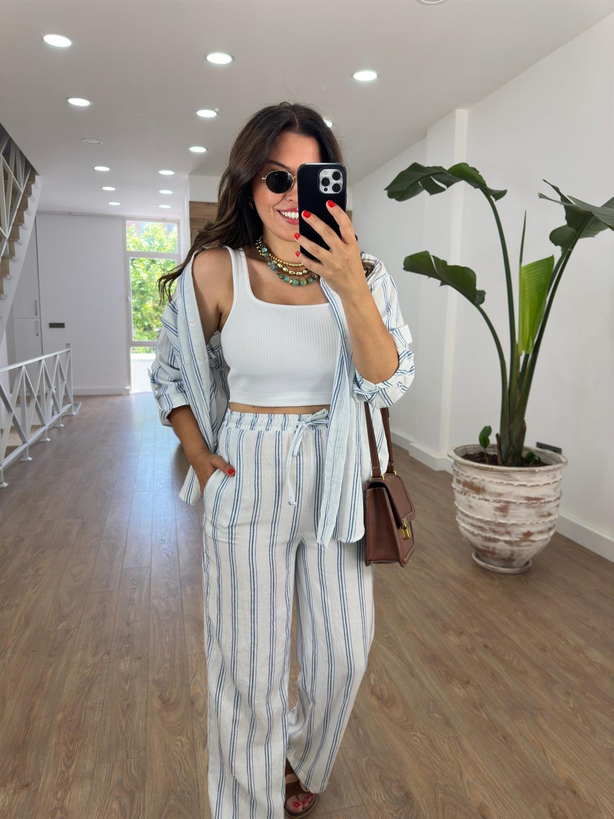 Çizgili Gömlek Pantolon Takım-Mavi