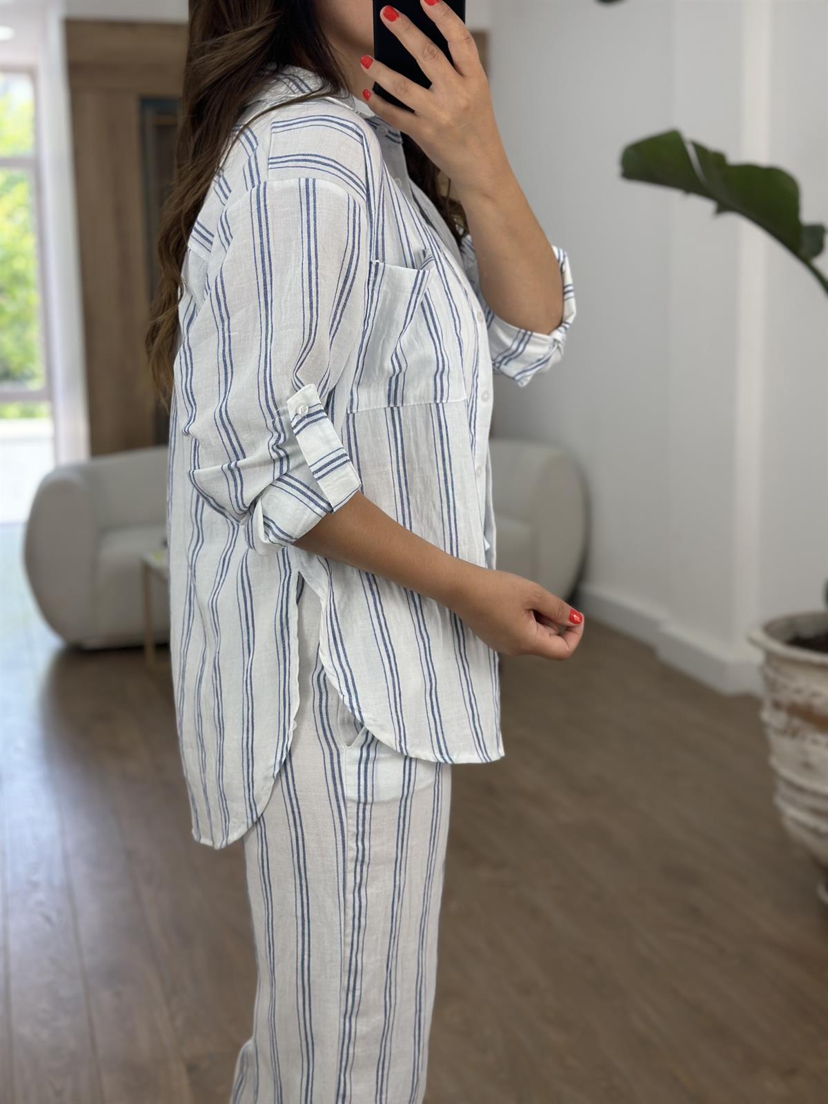 Çizgili Gömlek Pantolon Takım-Mavi