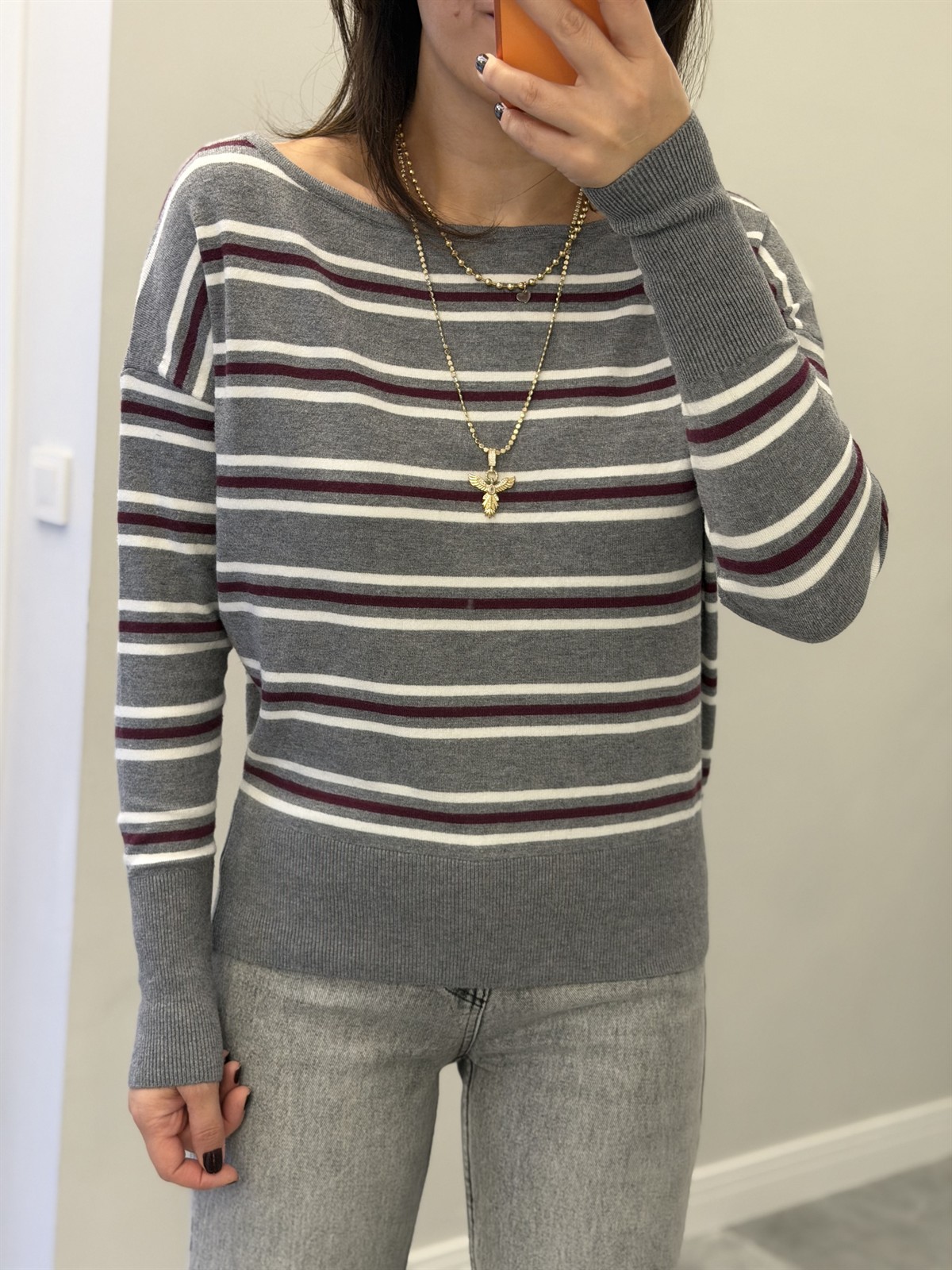 Çizgili Kayık Yaka Kazak Gri/Bordo