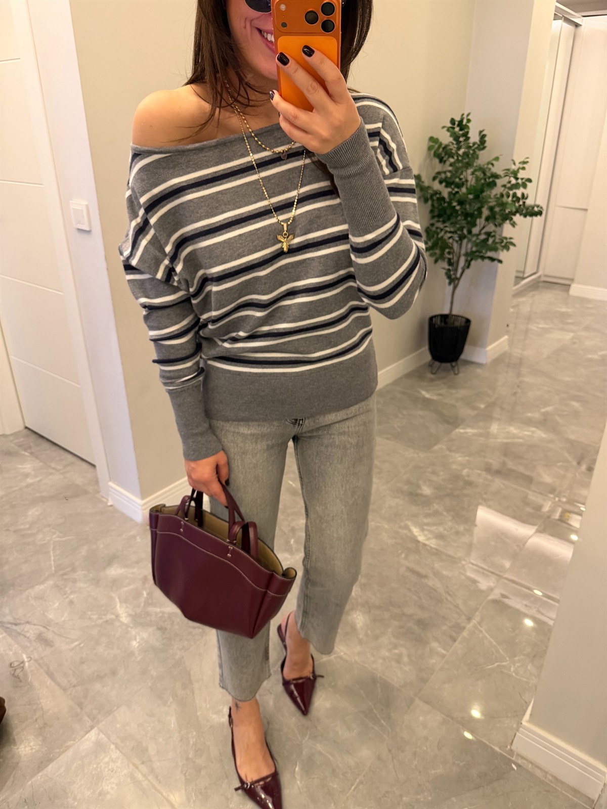 Çizgili Kayık Yaka Kazak Gri/Bordo