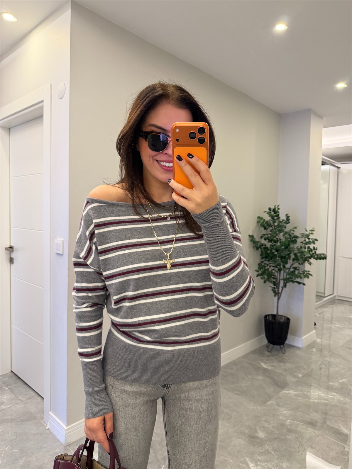 Çizgili Kayık Yaka Kazak Gri/Bordo