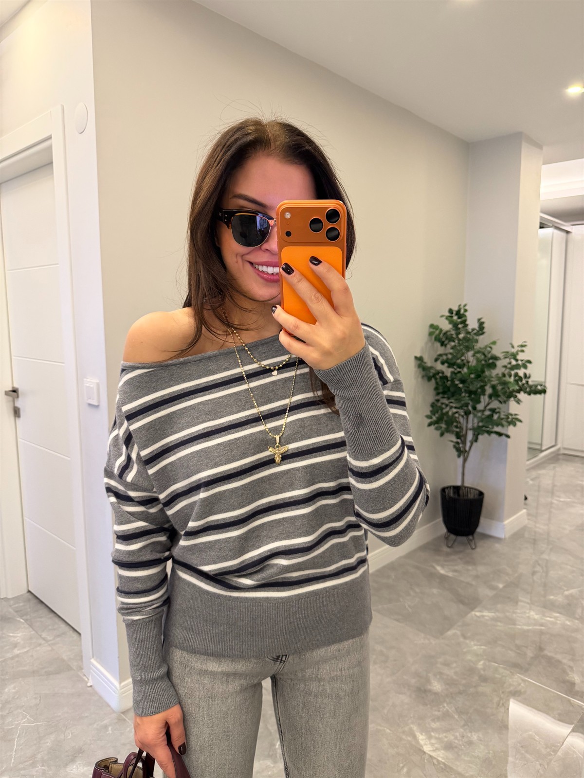 Çizgili Kayık Yaka Kazak Gri/Lacivert