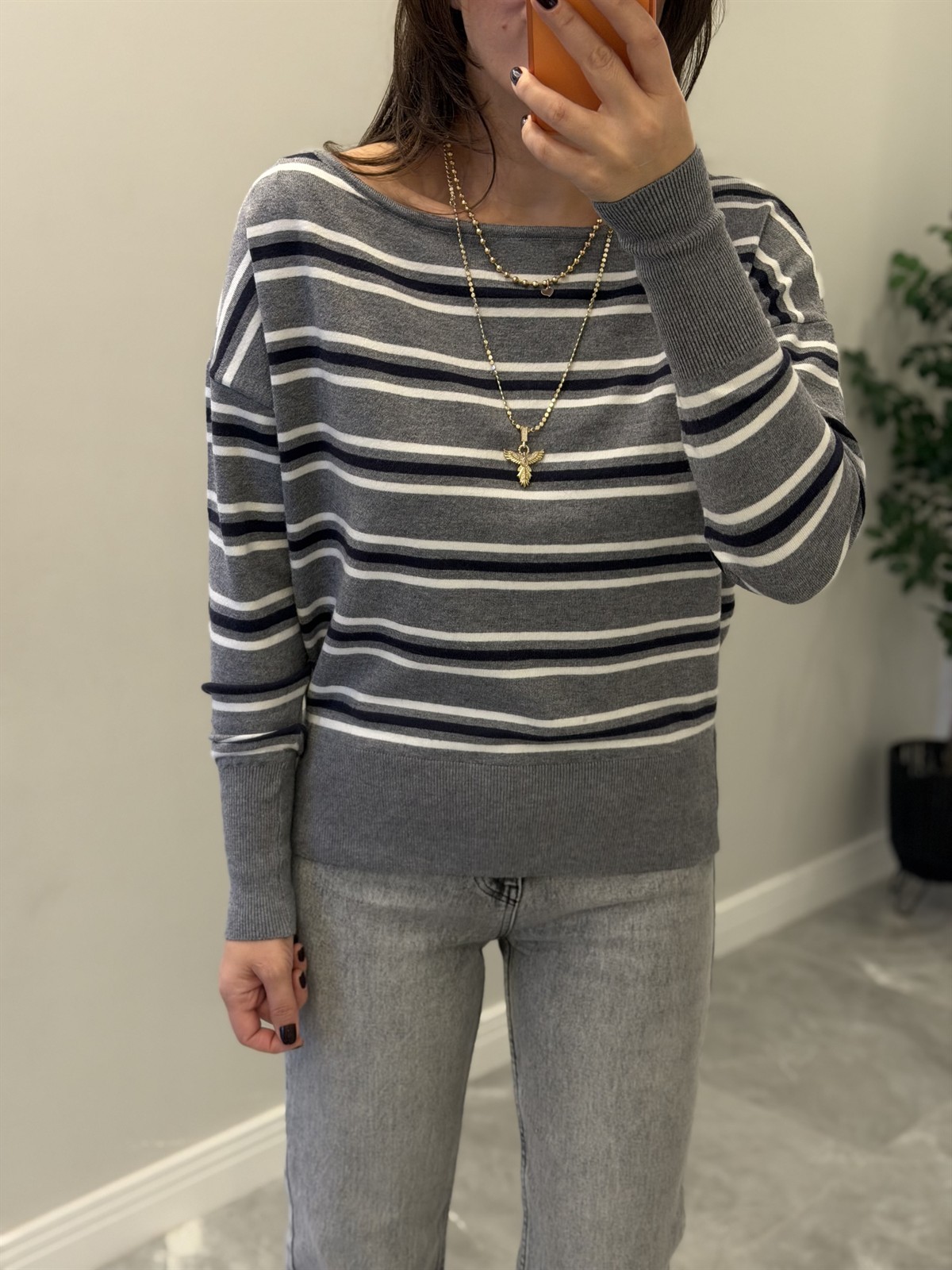 Çizgili Kayık Yaka Kazak Gri/Lacivert