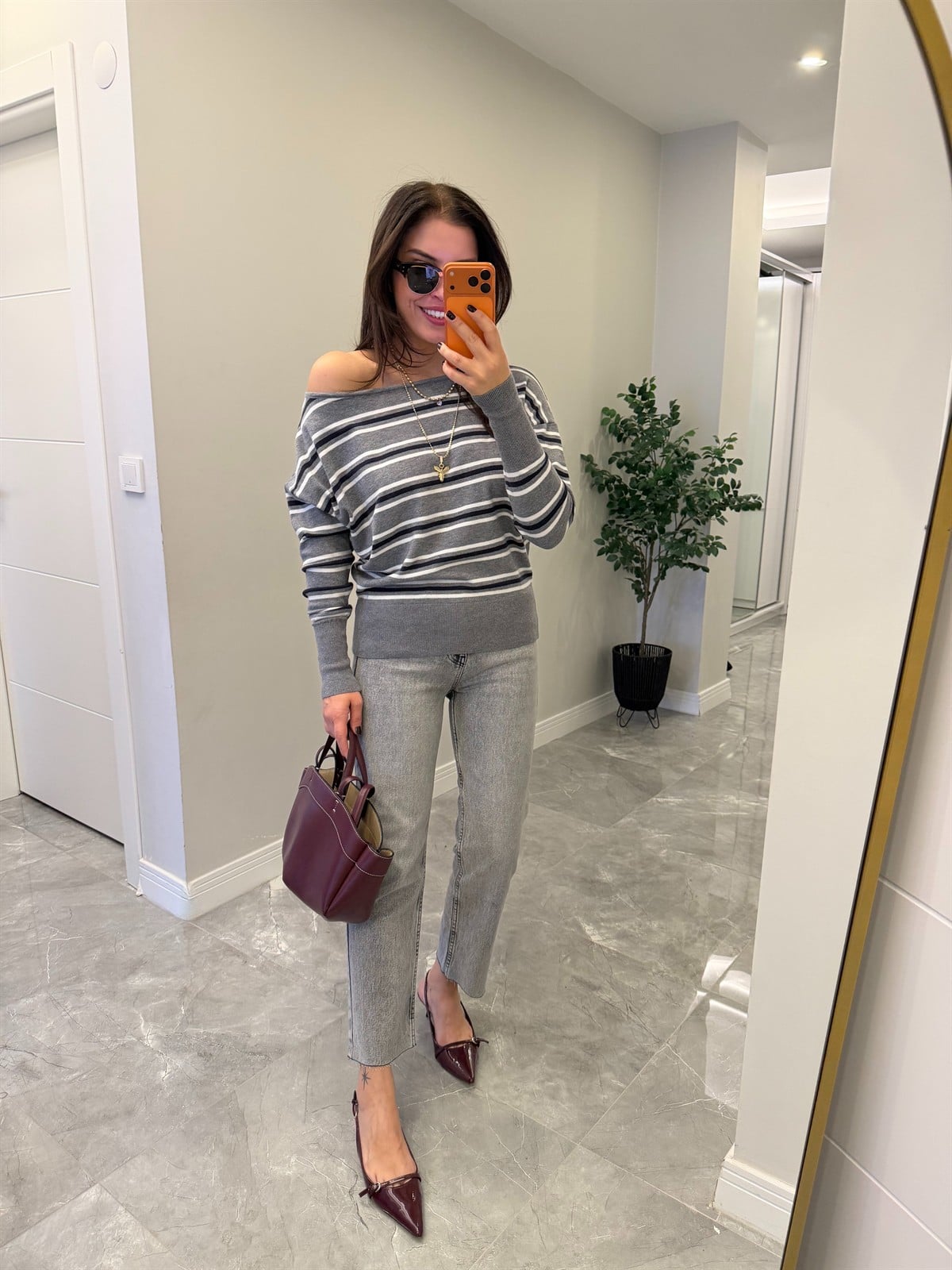 Çizgili Kayık Yaka Kazak Gri/Lacivert