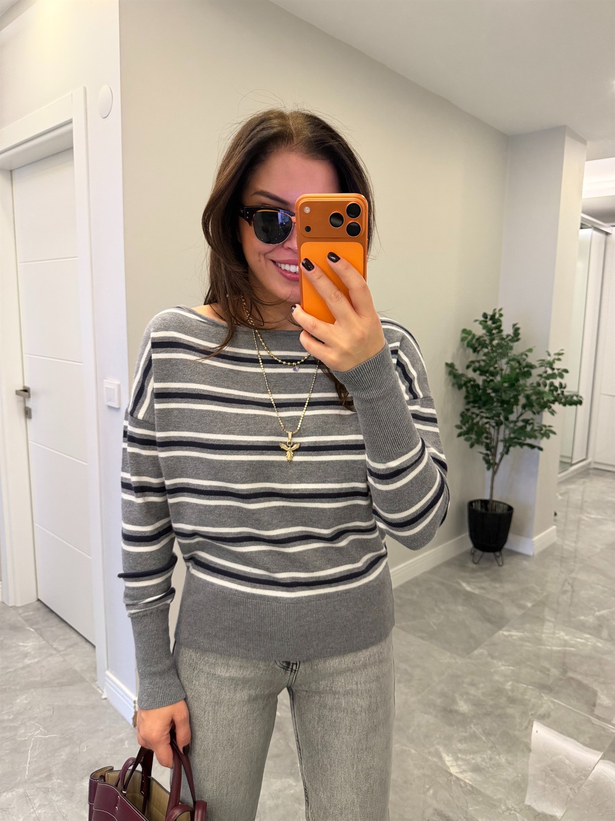 Çizgili Kayık Yaka Kazak Gri/Lacivert