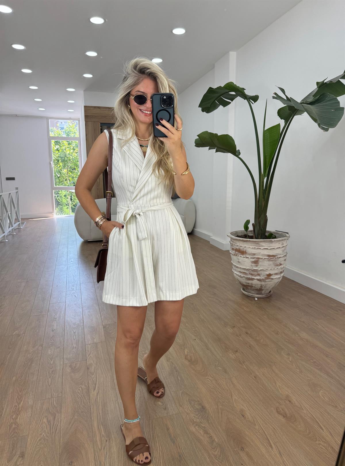 Çizgili Kuşaklı Tulum-Ekru