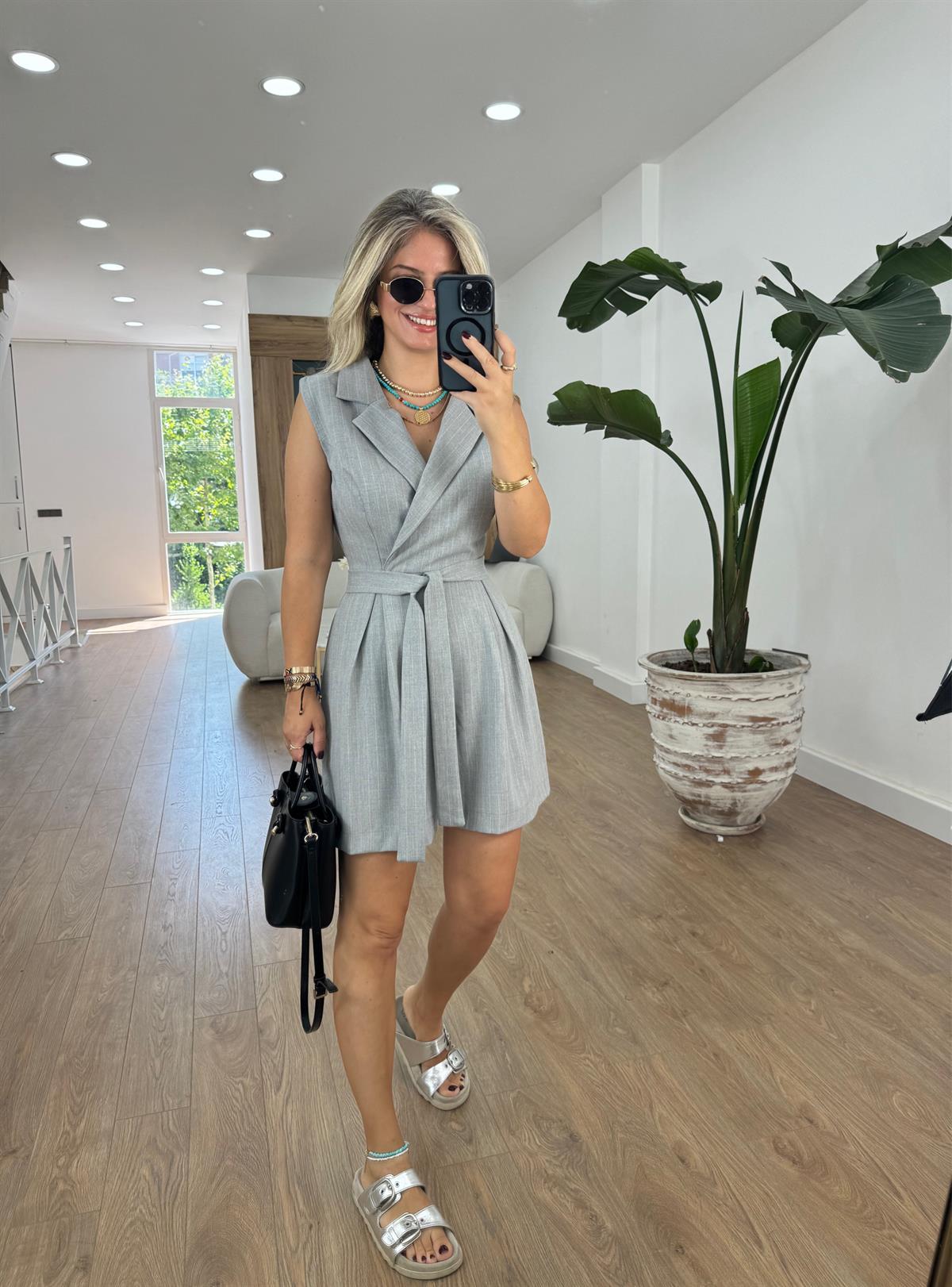 Çizgili Kuşaklı Tulum-Gri