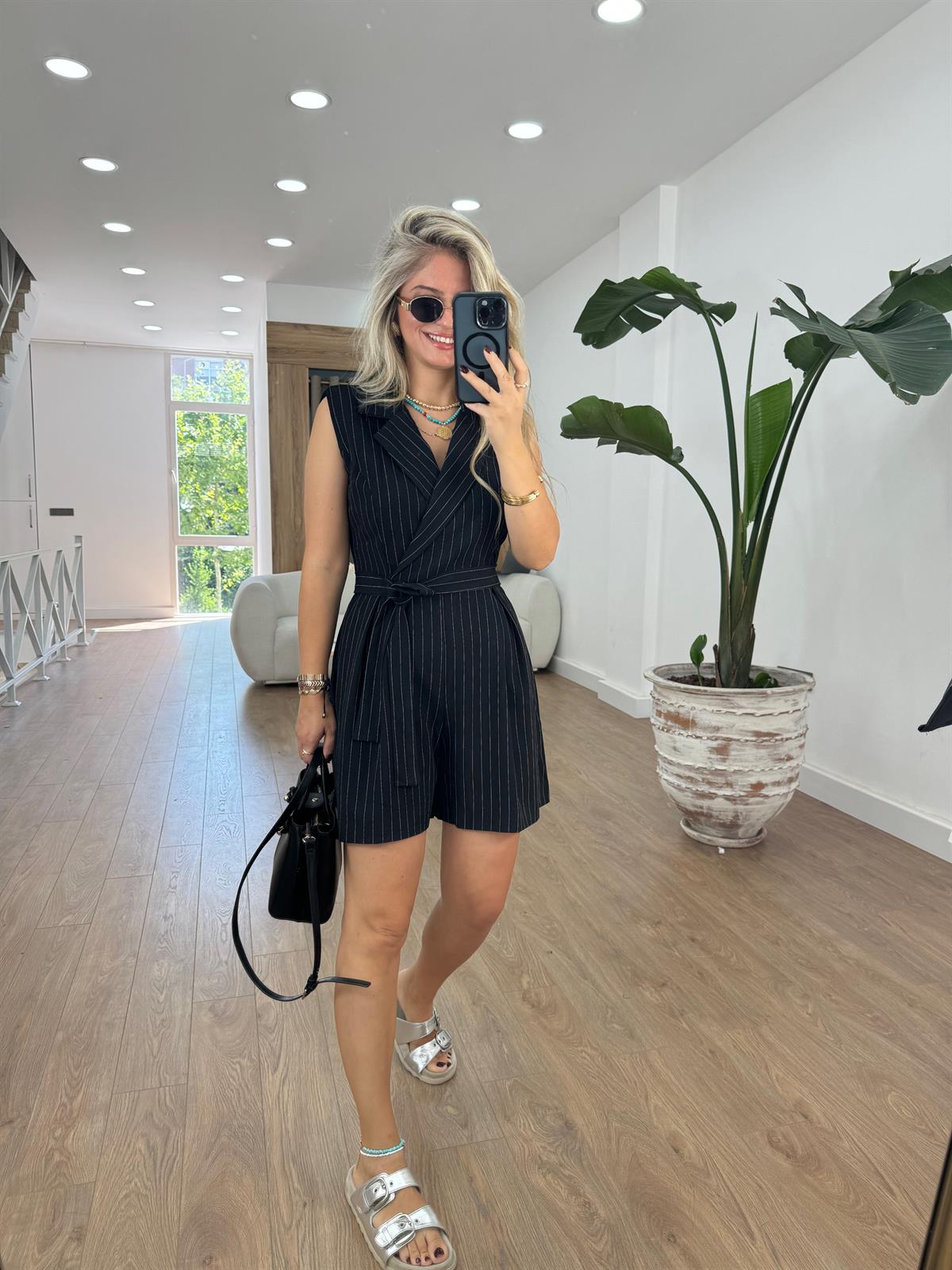 Çizgili Kuşaklı Tulum-Siyah