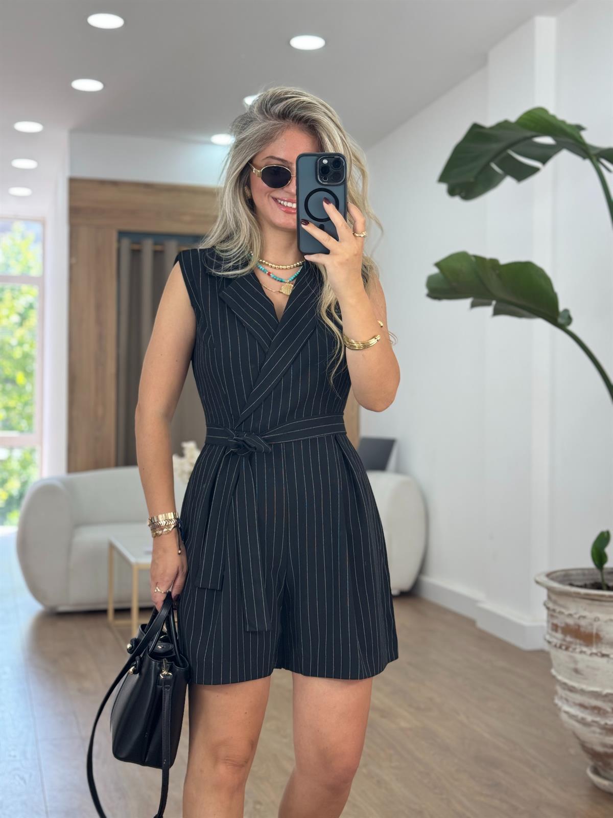 Çizgili Kuşaklı Tulum-Siyah