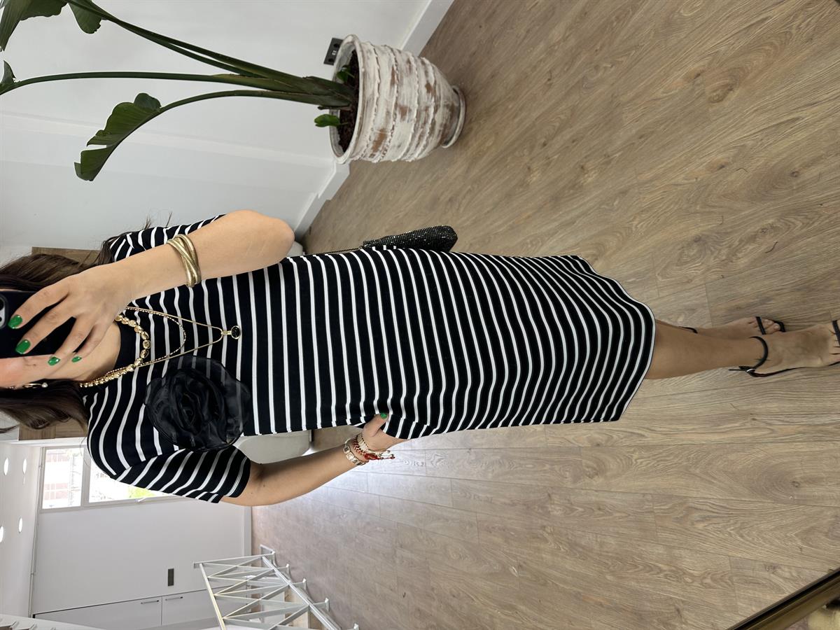 Çizgili Likralı Cepli Elbise