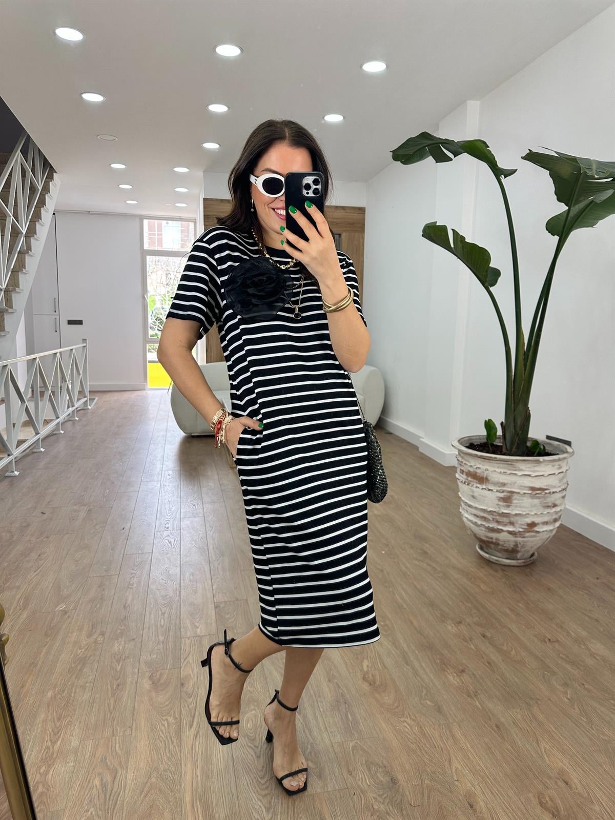 Çizgili Likralı Cepli Elbise