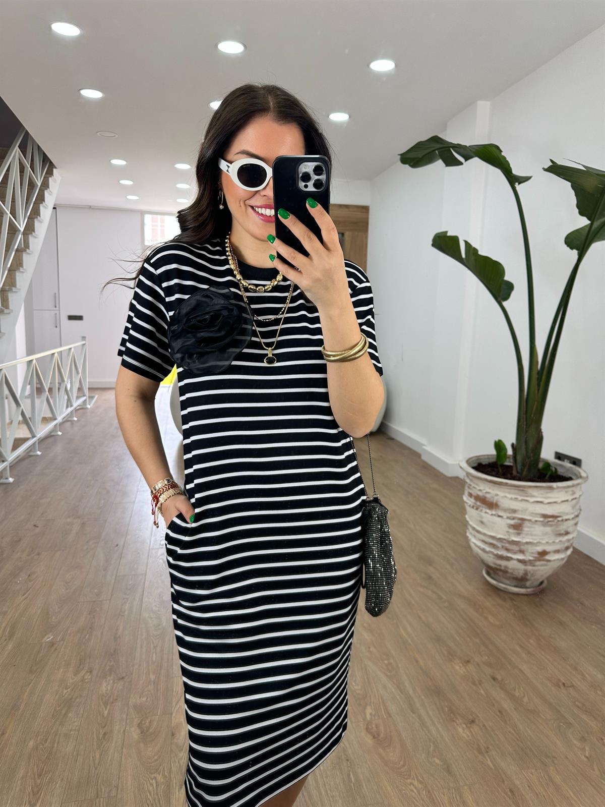 Çizgili Likralı Cepli Elbise