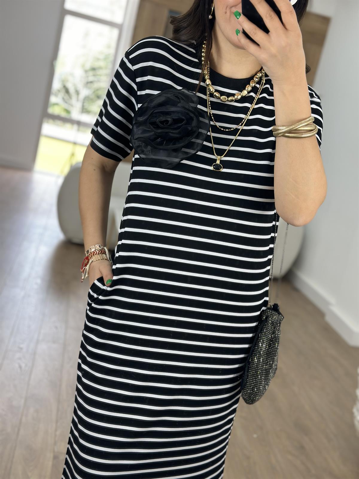 Çizgili Likralı Cepli Elbise