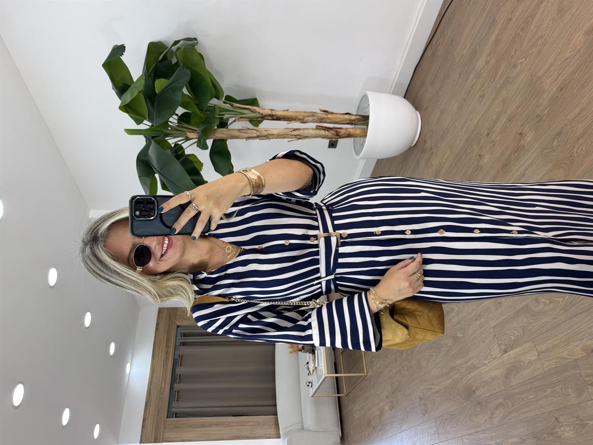 Çizgili Midi Gömlek Elbise 