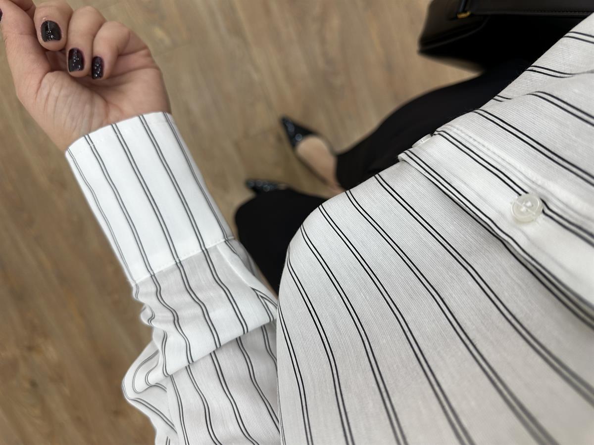 Çizgili Oversize Gömlek - Beyaz