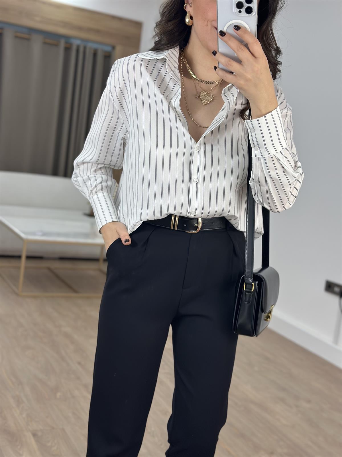 Çizgili Oversize Gömlek - Beyaz