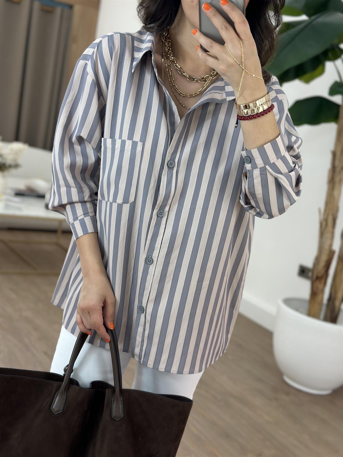 Çizgili Oversize Gömlek - Füme